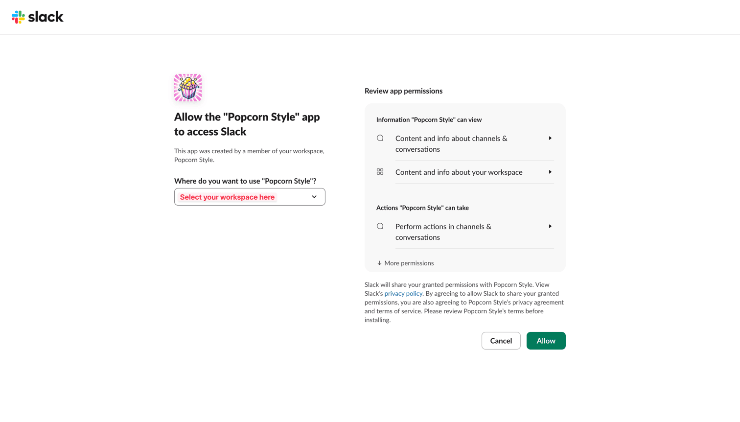 Slack’s Allow access screen for the Popcorn Style app
