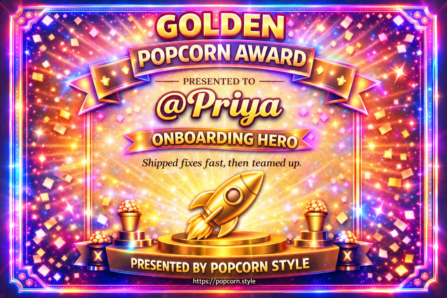 A Golden Popcorn Award: Onboarding Hero, presented to Priya