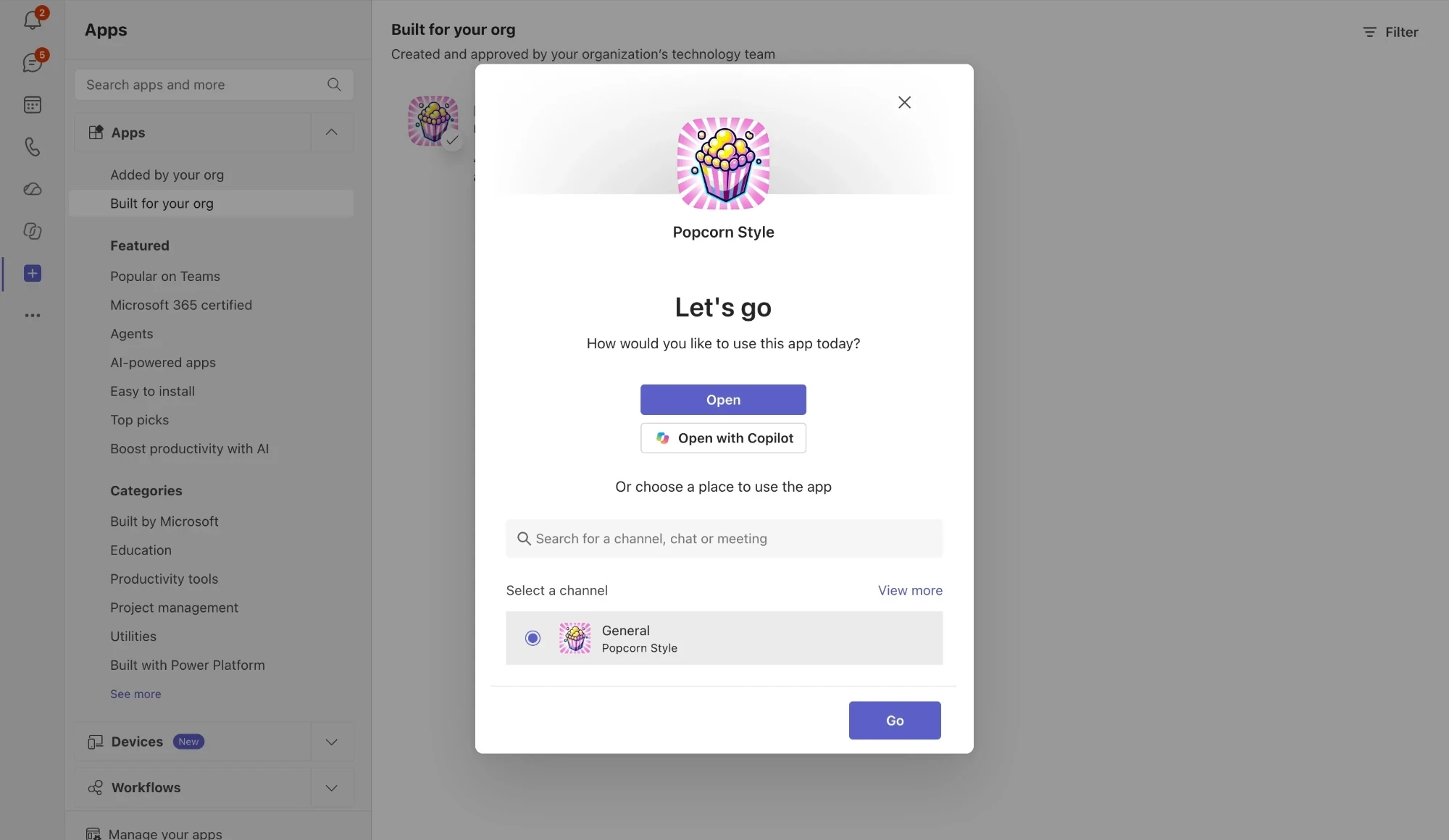 Popcorn Style’s Let’s go dialog in Microsoft Teams, with the team’s General channel selected