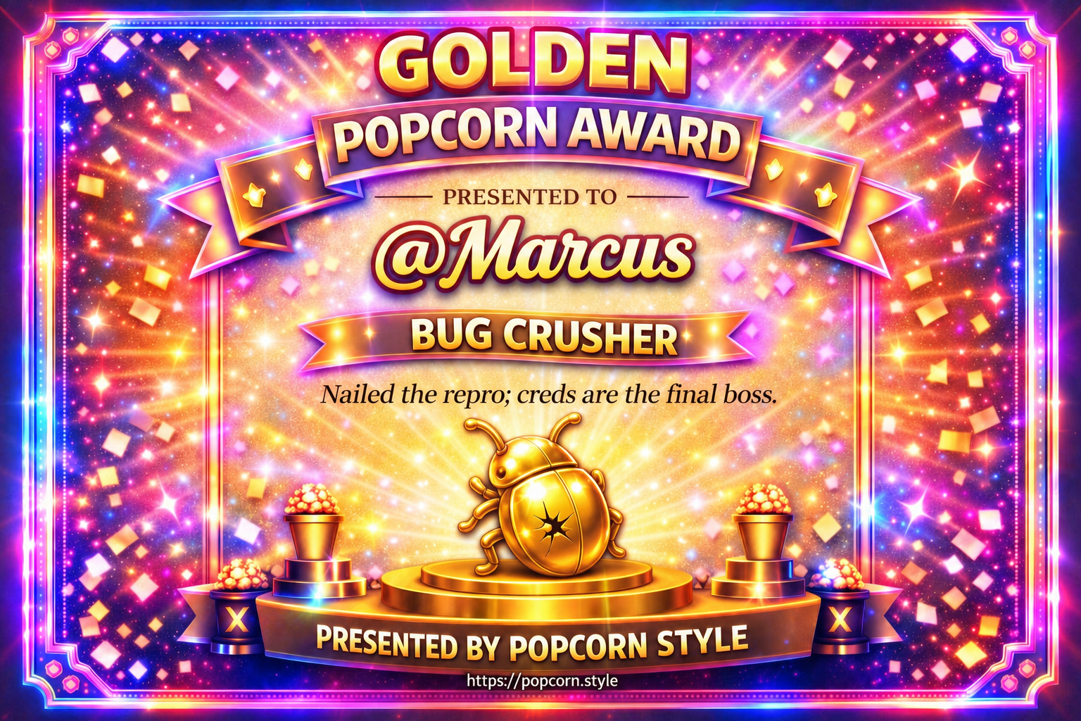 A Golden Popcorn Award: Bug Crusher, presented to Marcus