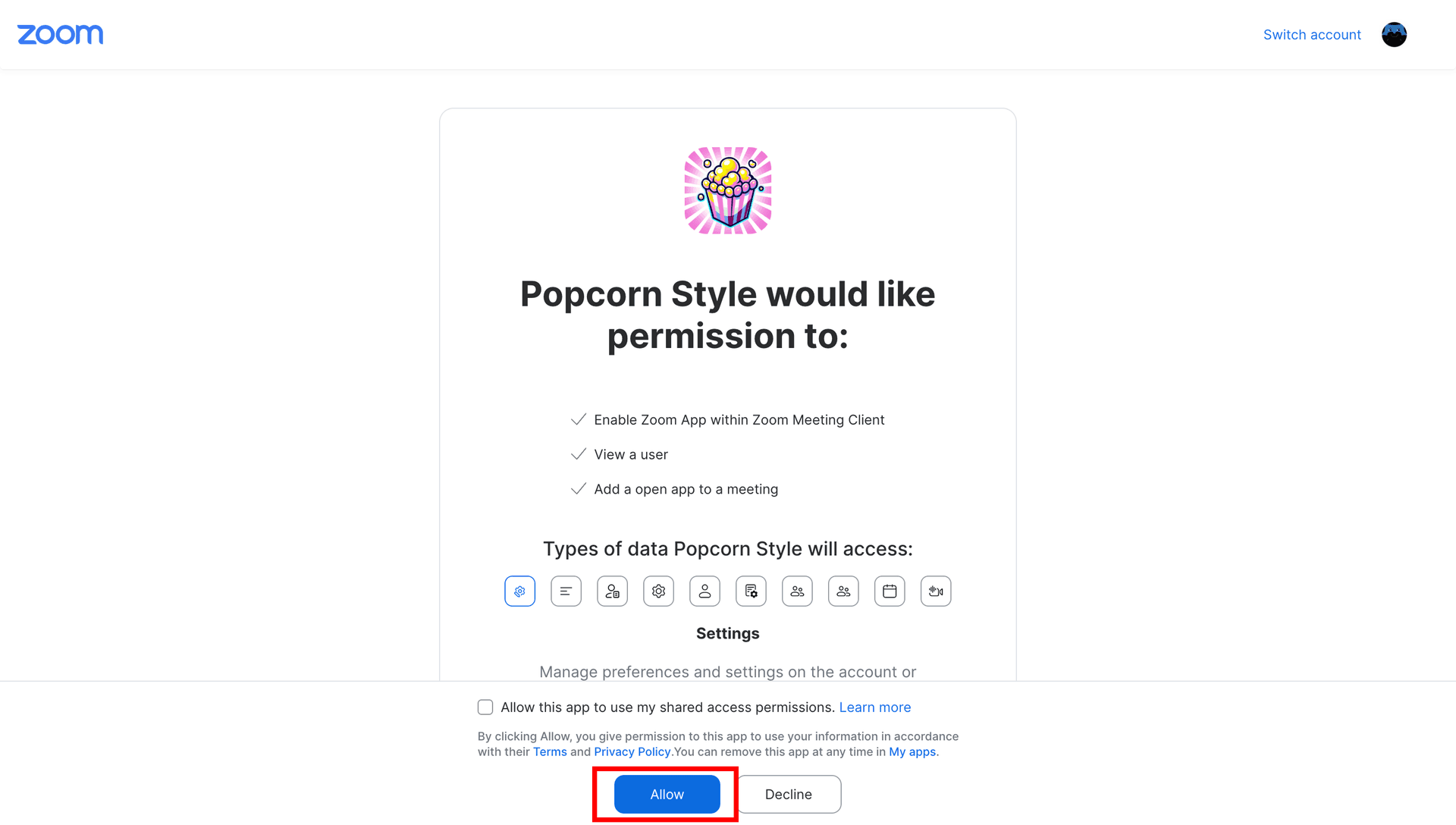 Popcorn Style in the Zoom App Marketplace