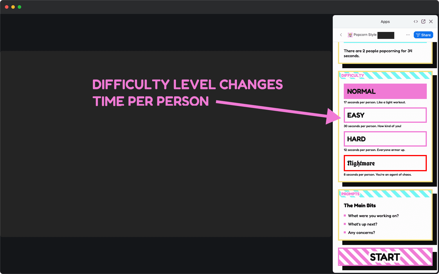 Changing the difficulty level in Popcorn Style