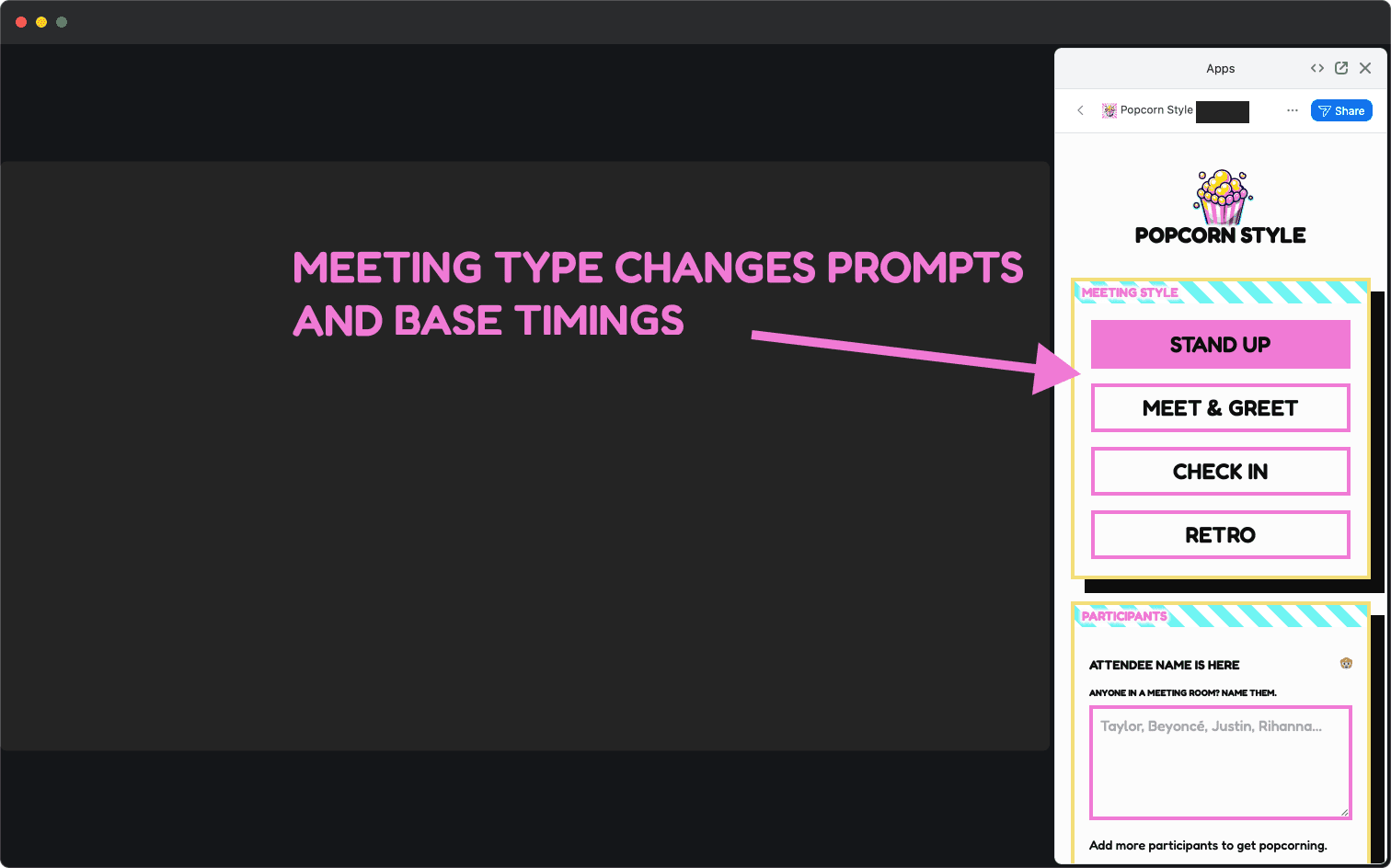 Setting a meeting type in Popcorn Style
